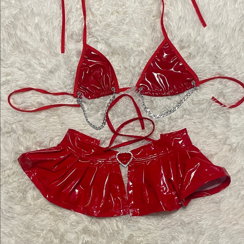 Red Vinyl skirt and chain top set